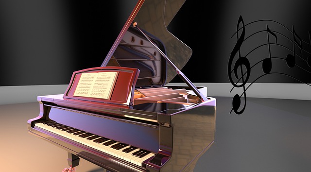 A grand piano with its lid open and a sheet of music on the stand is illuminated against a dark background. Musical notes are depicted on the right side of the image. The scene appears staged, inspiring one to learn piano by combining elements of artistic and musical representation.