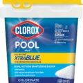 Image of a blue and white 6-pound container of Clorox Pool & Spa All-in-One XtraBlue Chlorinating Granules. The label highlights its dual action as a sanitizer and shock for your pool, stating it kills bacteria and algae, and improves filter performance.