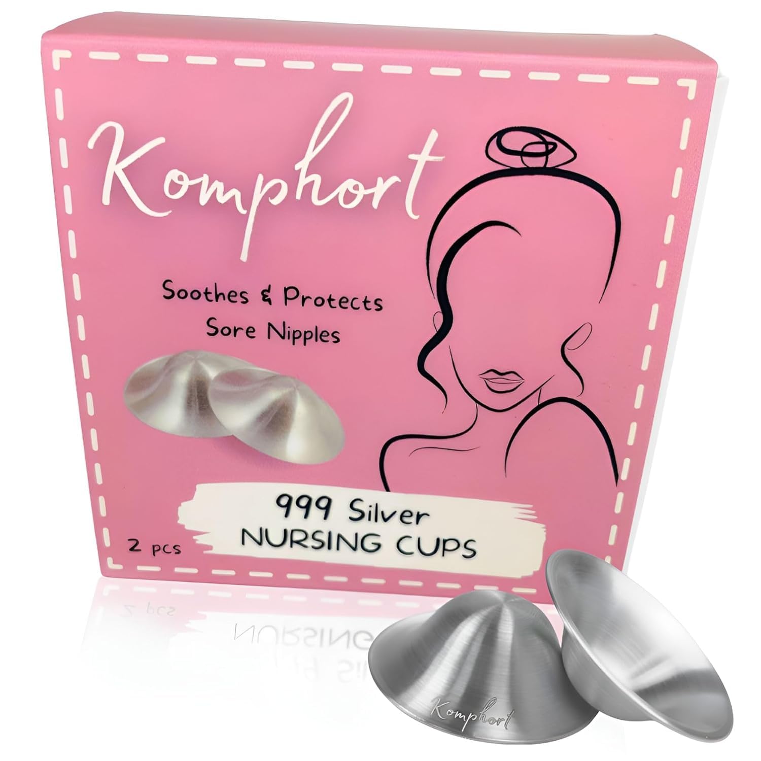 A pink box adorned with the brand name "Komphort" and an illustration of a woman is shown. The packaging, advertising "Soothes & Protects Sore Nipples," contains a pair of "999 Silver Nipple Covers," touted as a game changer for breastfeeding moms, with two silver cups displayed in front.