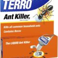 Image of Terro Ant Killer packaging. The label states "Kills all common household ants" and "Contains Borax." An image of an ant is shown, and beneath it, there's a depiction of liquid Indoor Ant Killer being dispensed from a bottle. Net contents: 2.0 fl. oz. (59.144cc).