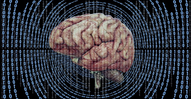 A human brain is depicted at the center of the image, surrounded by a digital matrix of binary code (ones and zeros) arranged in a circular pattern, evoking themes of artificial intelligence, technology, and data processing—symbolizing how simple hacks can increase brain power.