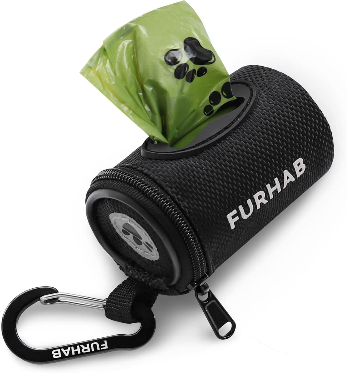 A cylindrical black Furhab dog waste bag dispenser is depicted with a green dog poop bag emerging from the top. The holder dispenser features a zipper, a black carabiner clip, and the brand name "FURHAB" printed in white.