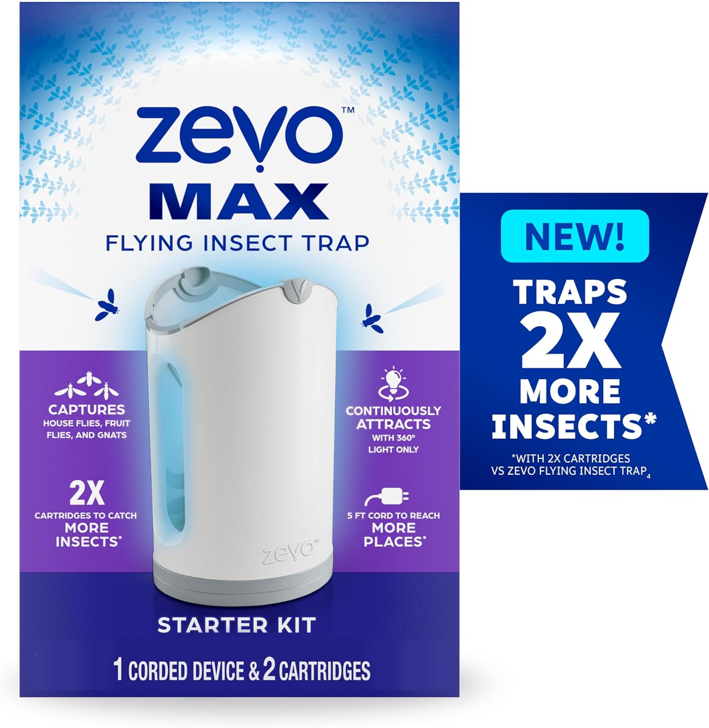 The image shows the packaging for the Zevo Max Flying Insect Trap Starter Kit. The box indicates it includes one corded device and two cartridges. The label highlights that it captures house flies, fruit flies, and gnats without vinegar, and traps twice as many insects.