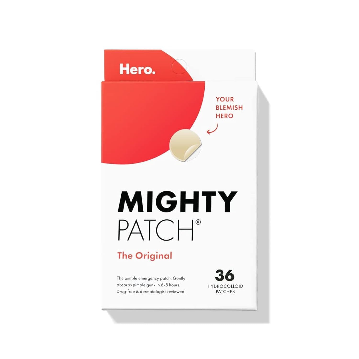An image of a box of "Mighty Patch" by Hero Cosmetics. The box is white with a red top section and orange text, reading "The Original" and "Your Blemish Hero." It contains 36 hydrocolloid patches for pimple treatment, designed to tackle even the most hardy pimples.